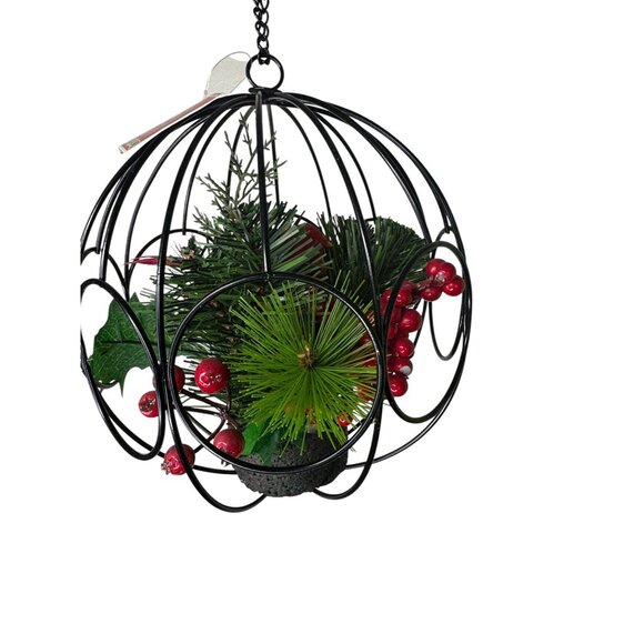 9" Hanging Ball With Artificial Pine & Berry Arrangement In Black Metal Cage Des - Picture 9 of 11